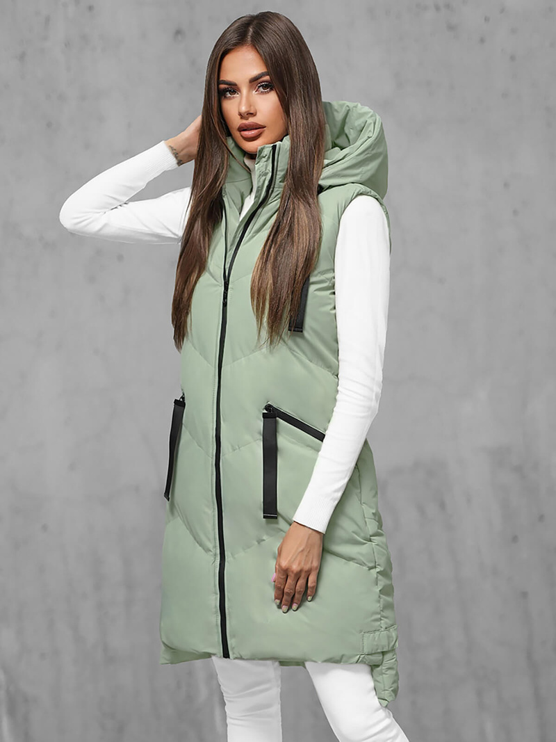 Kamizelka damska długa pikowana z kapturem jasno-zielona OZONEE JS/M788/236Z