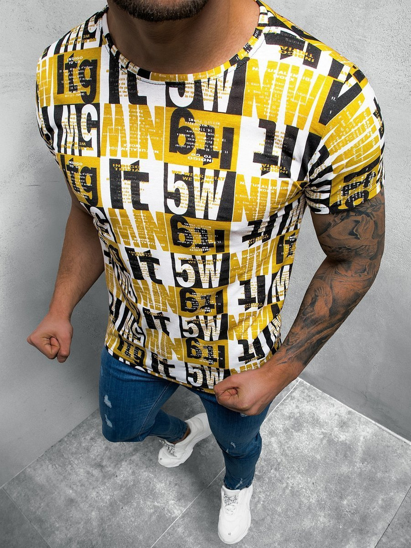 T-shirt męski z nadrukiem żółto-czarny OZONEE O/BL66