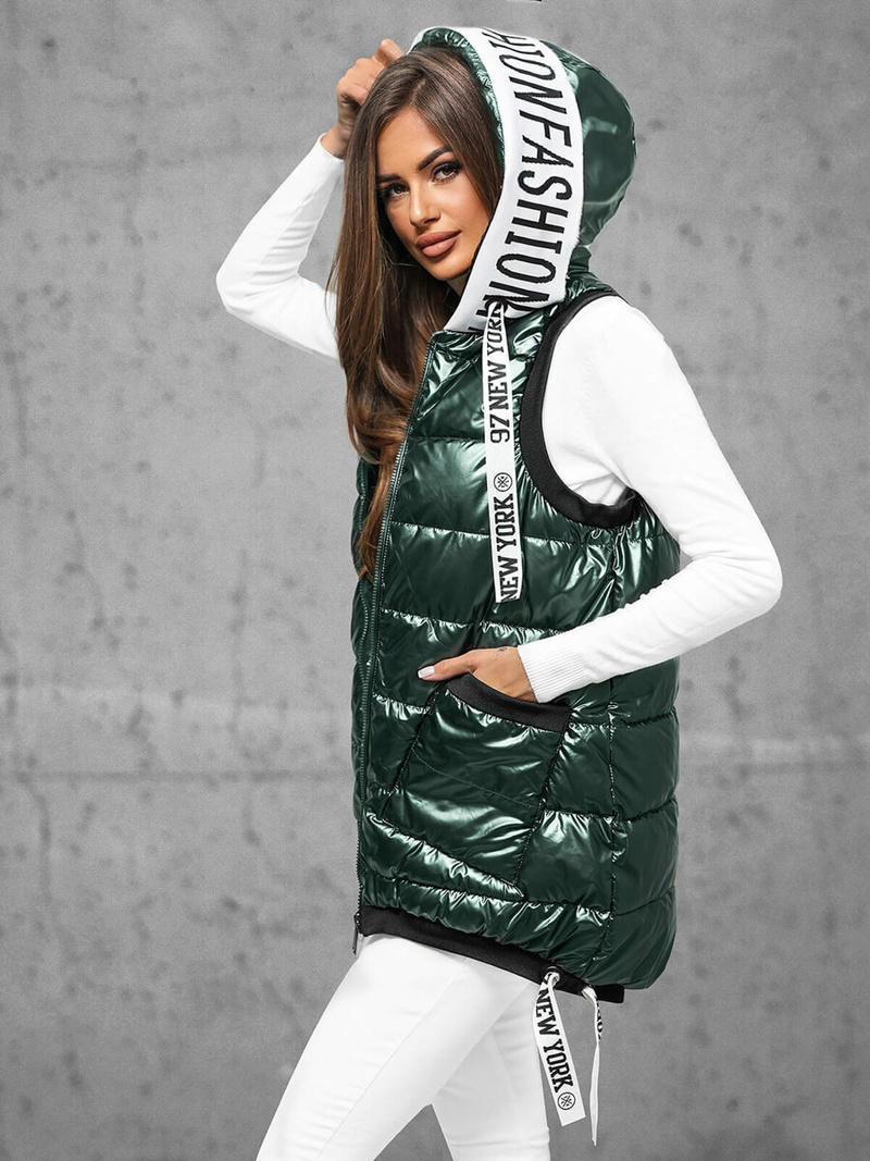 Kamizelka damska długa pikowana z kapturem zielona OZONEE JS/16M9115/136Z