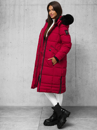 Kurtka zimowa damska długa pikowana ciemno-czerwona OZONEE O/W377
