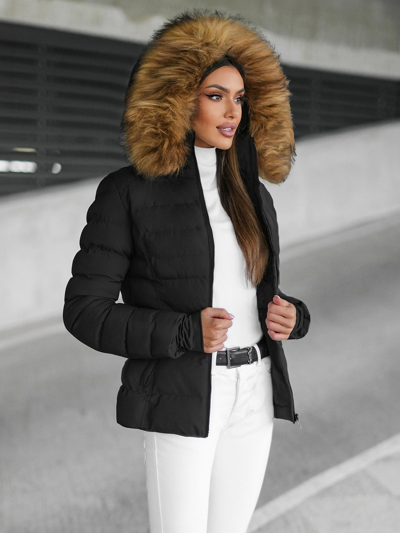 Kurtka zimowa damska z futerkiem czarno-brązowa OZONEE JS/5M768/392Z