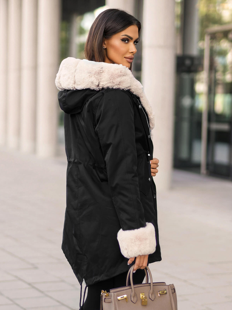 Kurtka zimowa damska z futerkiem czarna OZONEE JS/M763/392Z