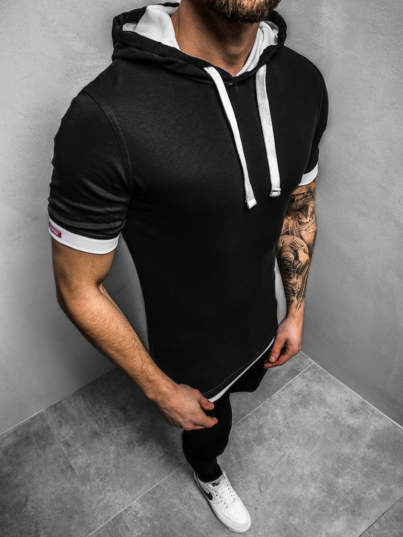 T-Shirt z kapturem męski czarno-biały OZONEE O/1273Z