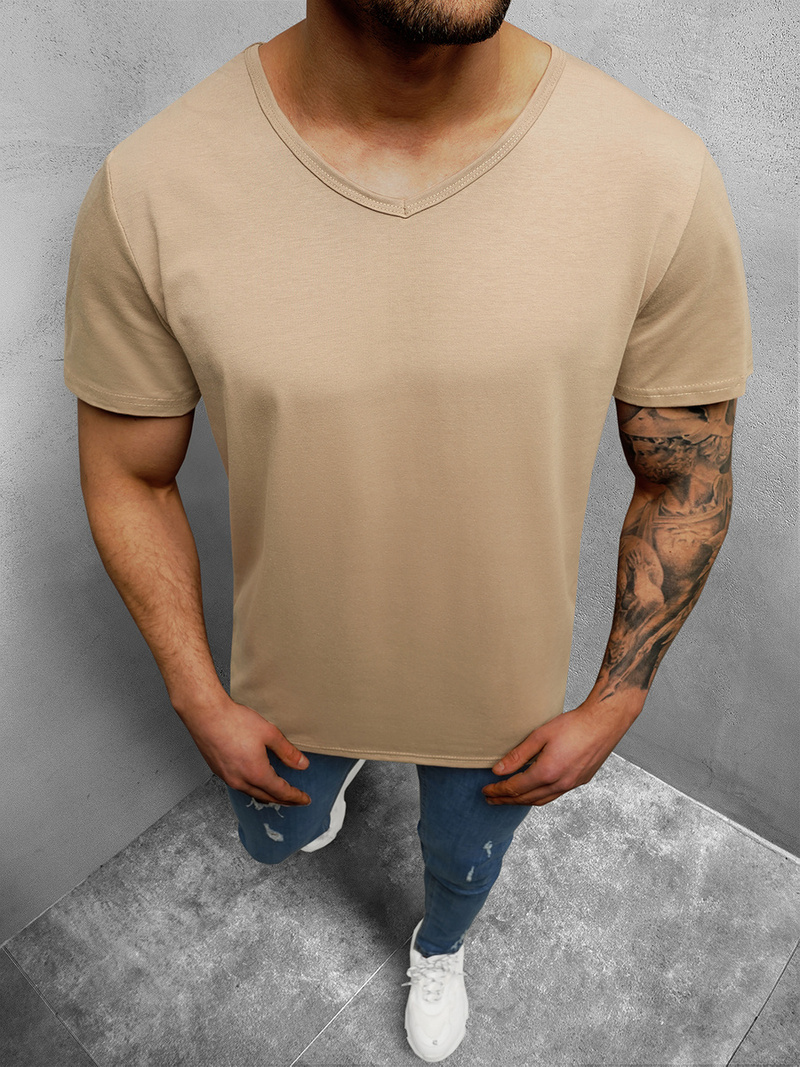 T-Shirt męski bez nadruku beżowy OZONEE JS/712007/91