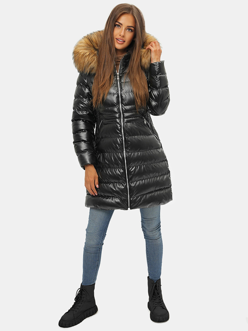 Kurtka zimowa damska z futerkiem czarno-brązowa OZONEE JS/M777/392B