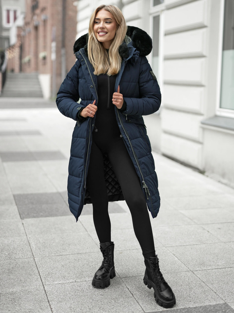 Kurtka zimowa damska długa pikowana granatowa OZONEE O/W377