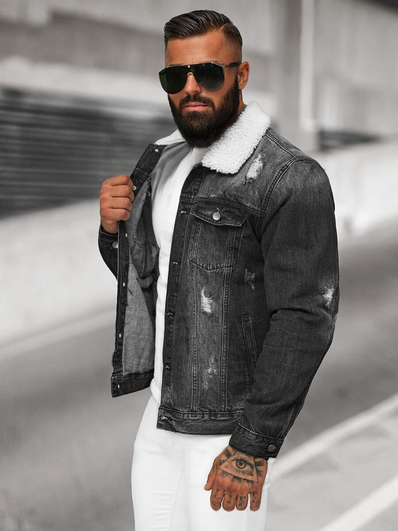 Kurtka męska jeansowa sherpa czarna OZONEE NB/MJ502NZ