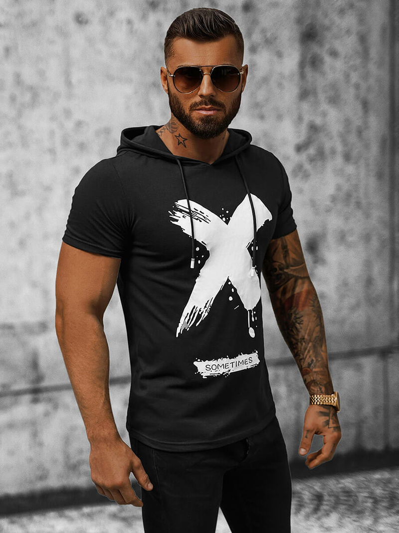 T-shirt męski z kapturem czarny OZONEE JS/8T203