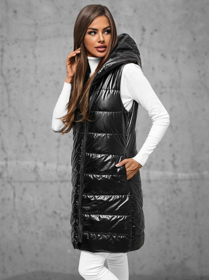 Kamizelka damska długa pikowana z kapturem czarna OZONEE JS/16M9117/392Z