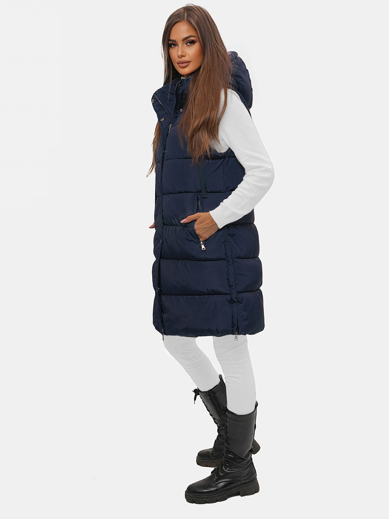 Kamizelka damska długa pikowana z kapturem granatowa OZONEE O/81276