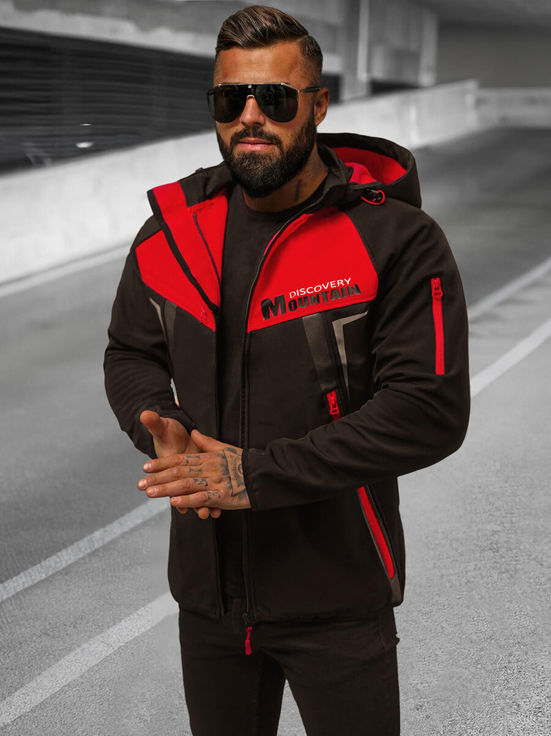 Kurtka softshell męska z kapturem czarno-czerwona OZONEE JS/HH021/1C