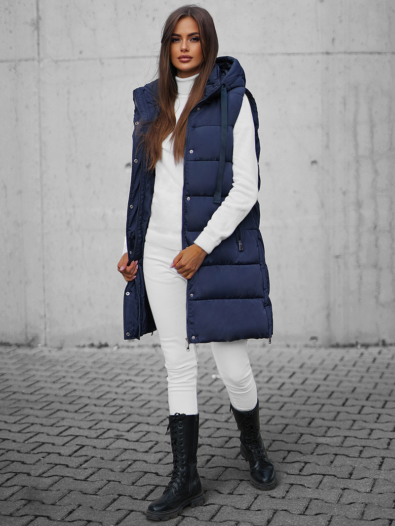 Kamizelka damska długa pikowana z kapturem granatowa OZONEE O/81276Z