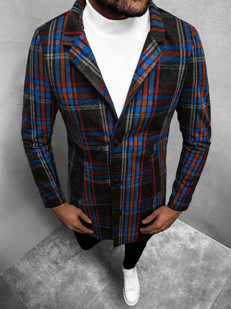 Płaszcz męski w kratę czarno-niebieski OZONEE O/5628