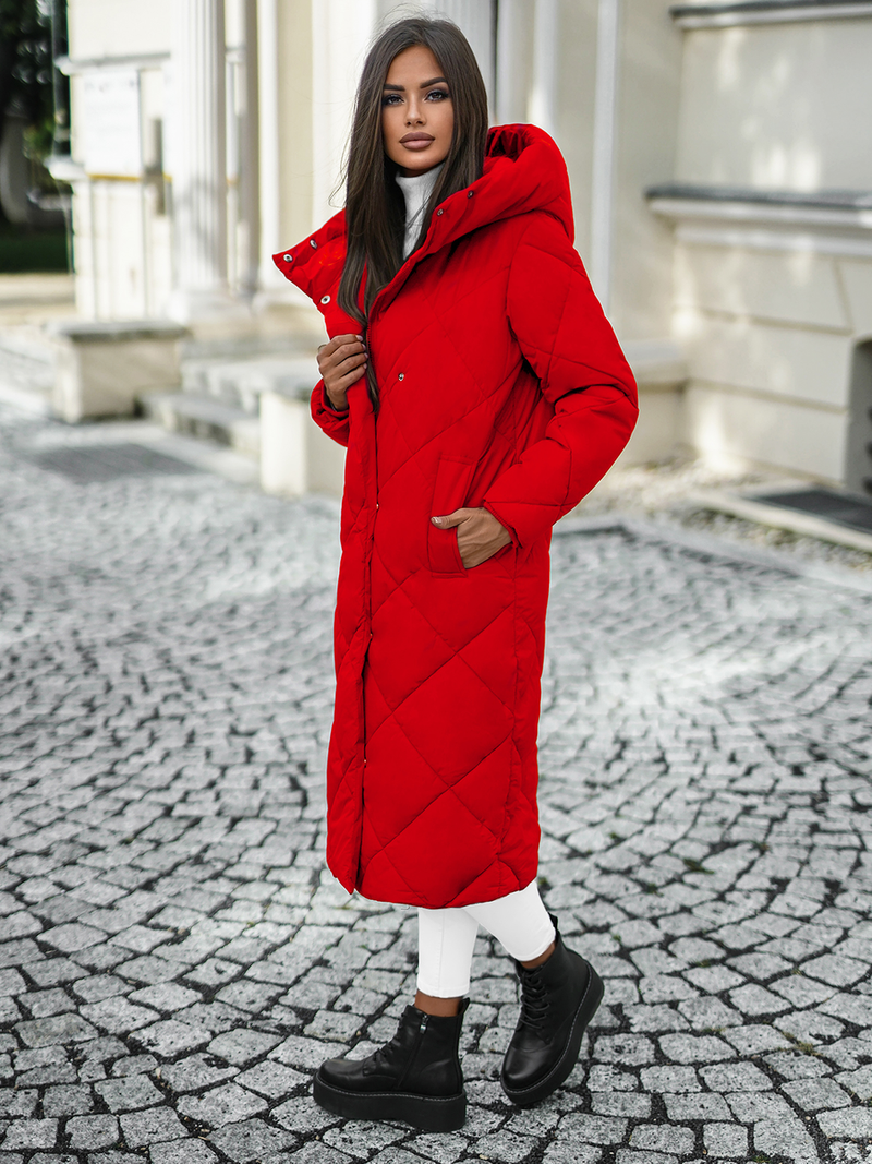 Kurtka zimowa damska długa pikowana czerwona OZONEE JS/5M3173/270Z