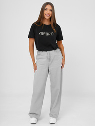 T-shirt damski z ćwiekami czarno-srebrny OZONEE JS/YJ77716