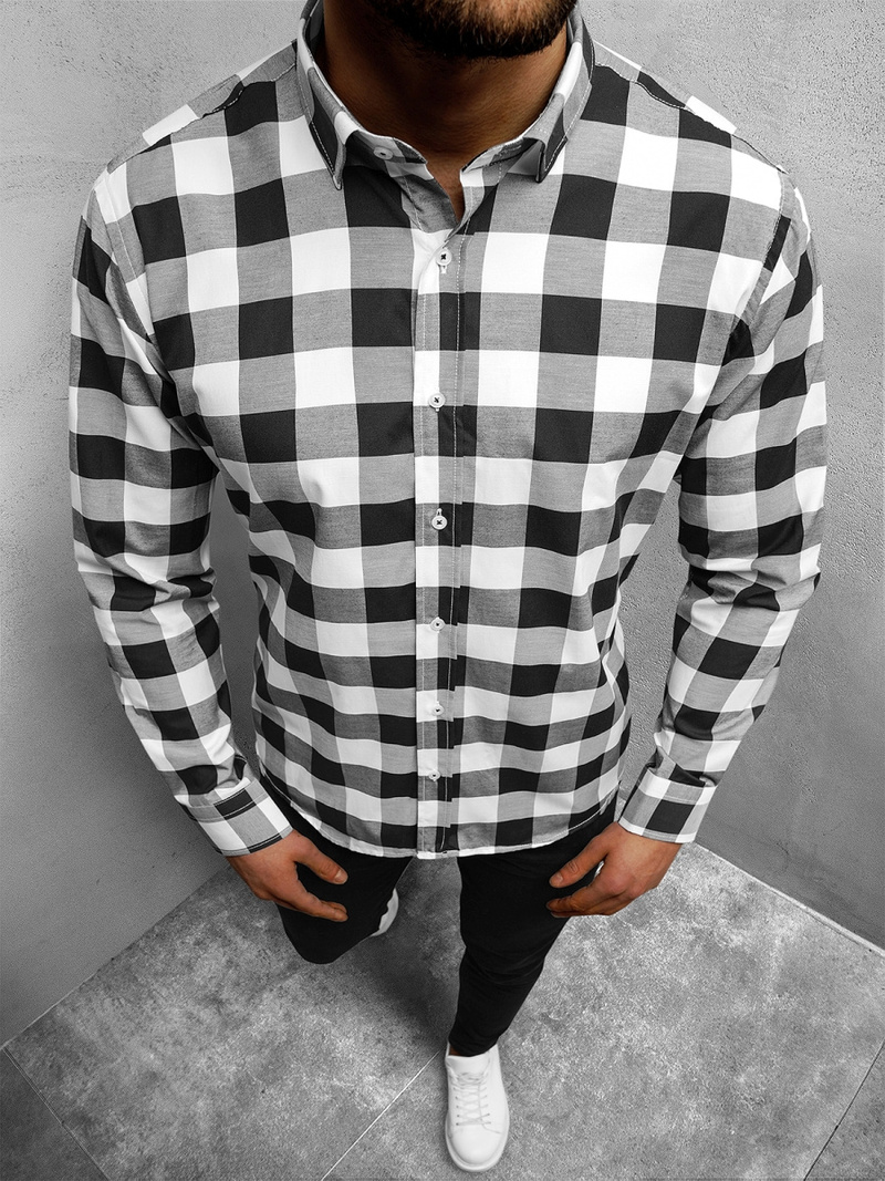 Koszula męska w kratę czarno-biała OZONEE O/3022