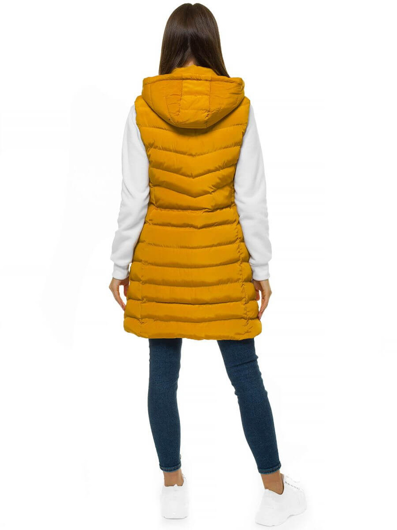 Kamizelka damska długa pikowana z kapturem camelowa OZONEE N/6811/4