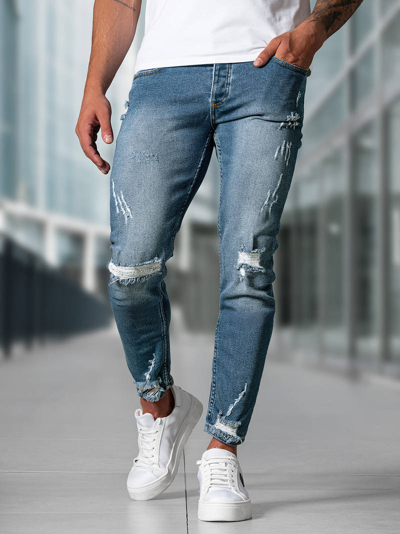 Spodnie jeansowe męskie slim fit niebieskie OZONEE O/0525