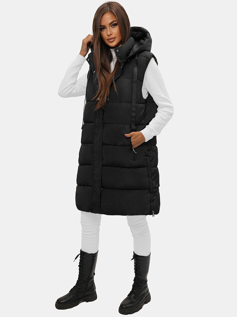 Kamizelka damska długa pikowana z kapturem czarna OZONEE O/81276