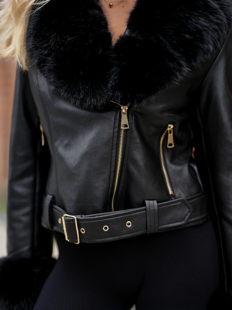 Kurtka ramoneska damska z futerkiem czarna OZONEE JS/61M8511/392A