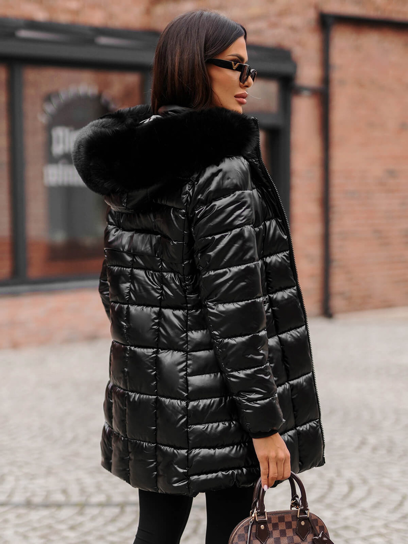 Kurtka zimowa damska długa z futerkiem czarna OZONEE JS/16M9120/392Z