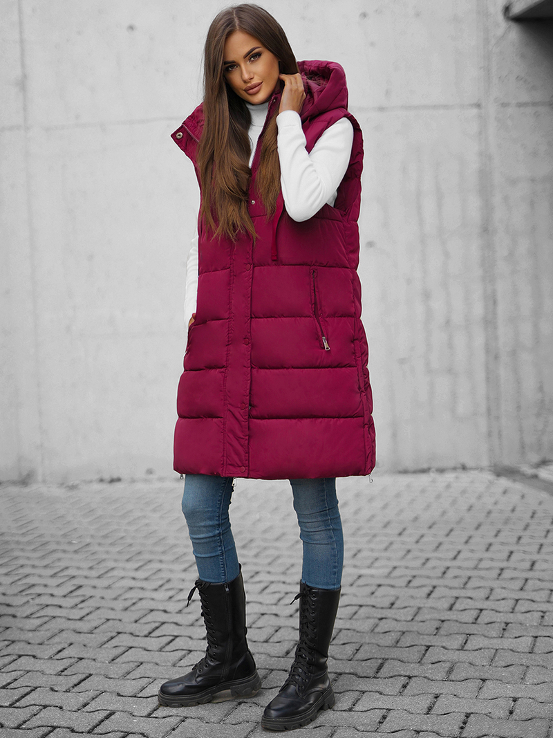 Kamizelka damska długa pikowana z kapturem bordowa OZONEE O/81276Z