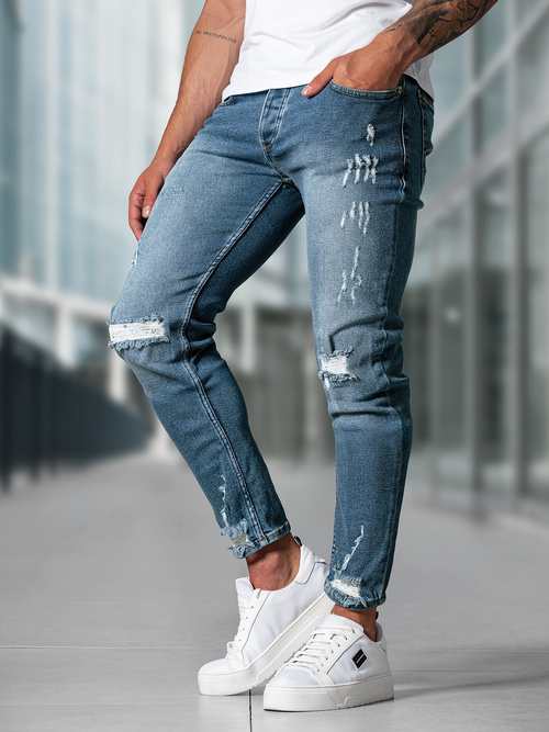 Spodnie jeansowe męskie slim fit niebieskie OZONEE O/0525