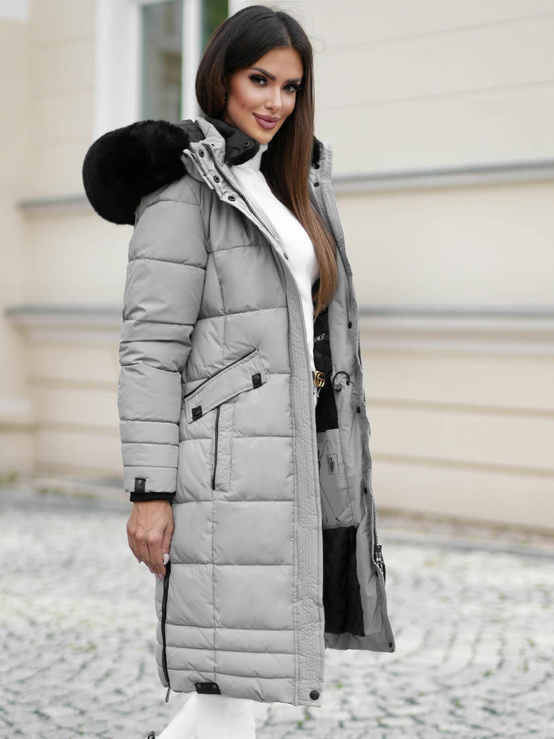 Kurtka zimowa damska długa pikowana szara OZONEE O/W377Z