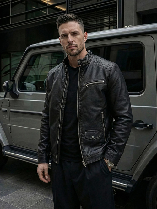 Чоловіча шкіряна куртка Чорна OZONEE JS/11Z8021