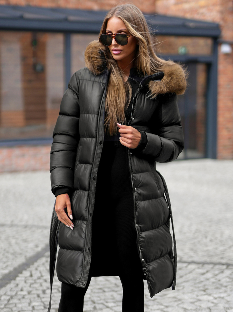 Kurtka zimowa damska długa z futerkiem czarna OZONEE JS/5M3298/392Z