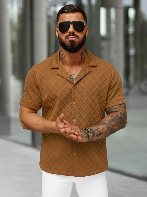 Koszula męska z krótkim rękawem brązowa OZONEE O/B2257