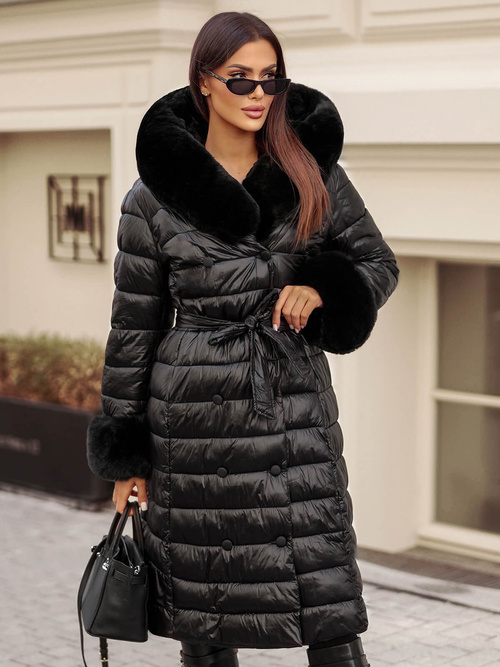 Płaszcz zimowy damski z futerkiem czarny OZONEE JS/5M3160/392Z