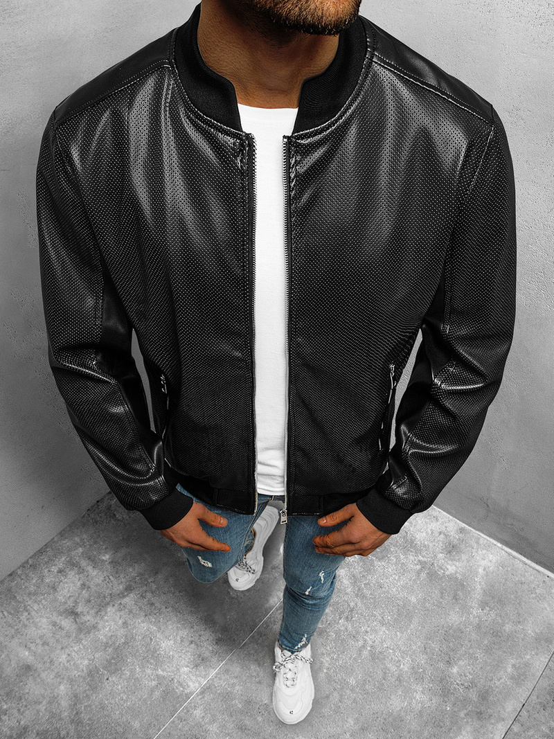 Kurtka przejściowa skórzana męska bomberka czarna OZONEE N/7110/1