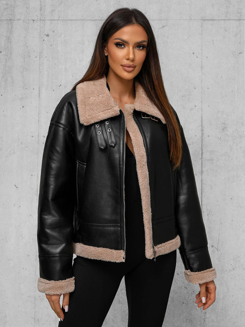 Kurtka damska z kożuchem czarno-beżowa OZONEE JS/11Z8176Z