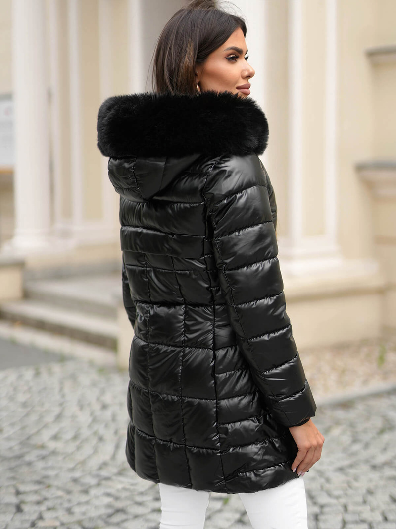 Kurtka zimowa damska długa z futerkiem czarna OZONEE JS/16M9120/392Z