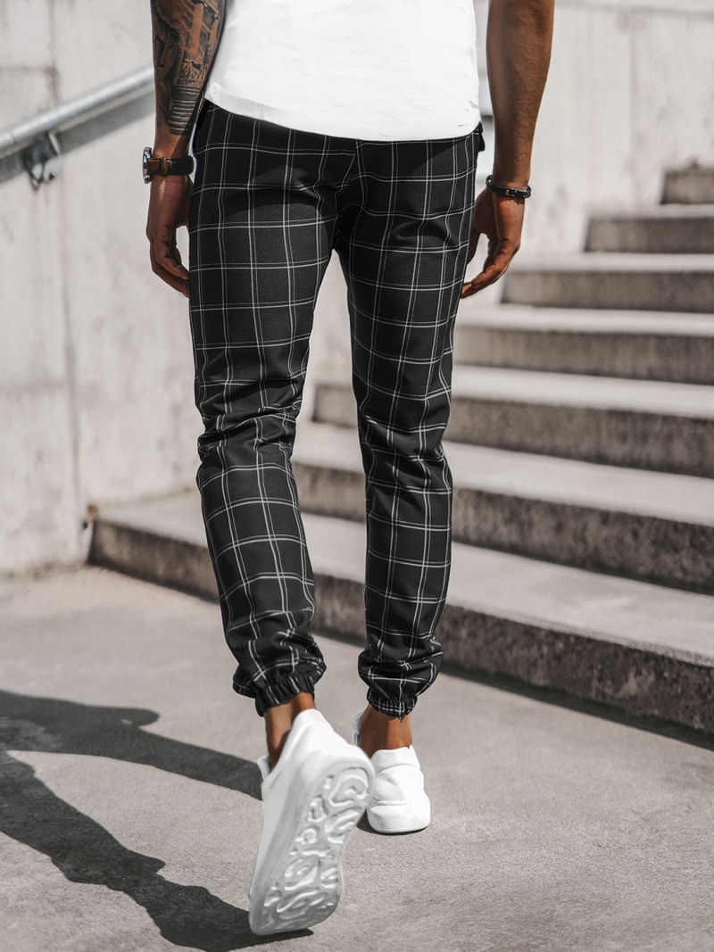 Spodnie męskie chino joggery w kratę czarne OZONEE DJ/2285/22Z