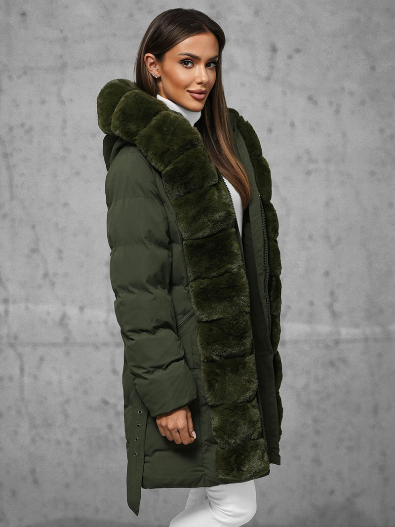 Kurtka zimowa damska długa z futerkiem ciemno-zielona OZONEE JS/5M3158/136