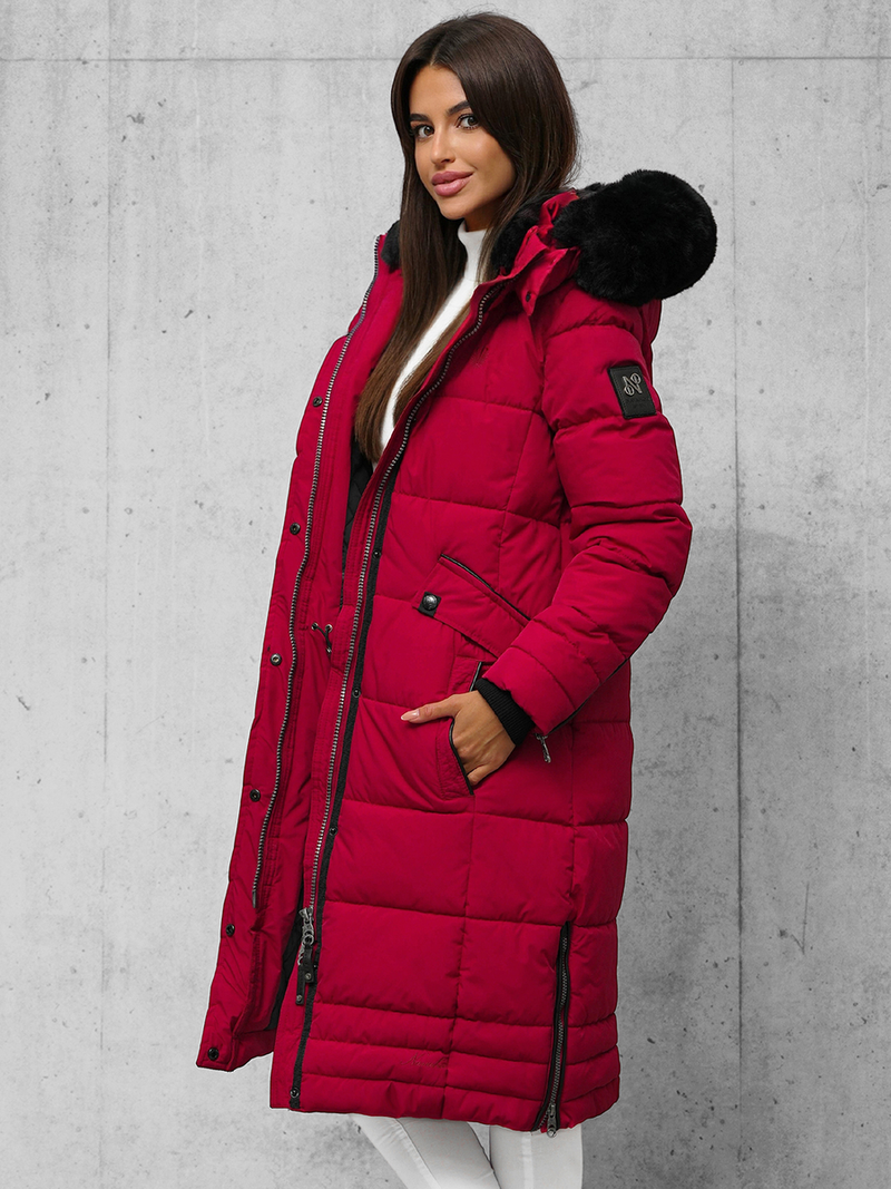 Kurtka zimowa damska długa pikowana ciemno-czerwona OZONEE O/W377