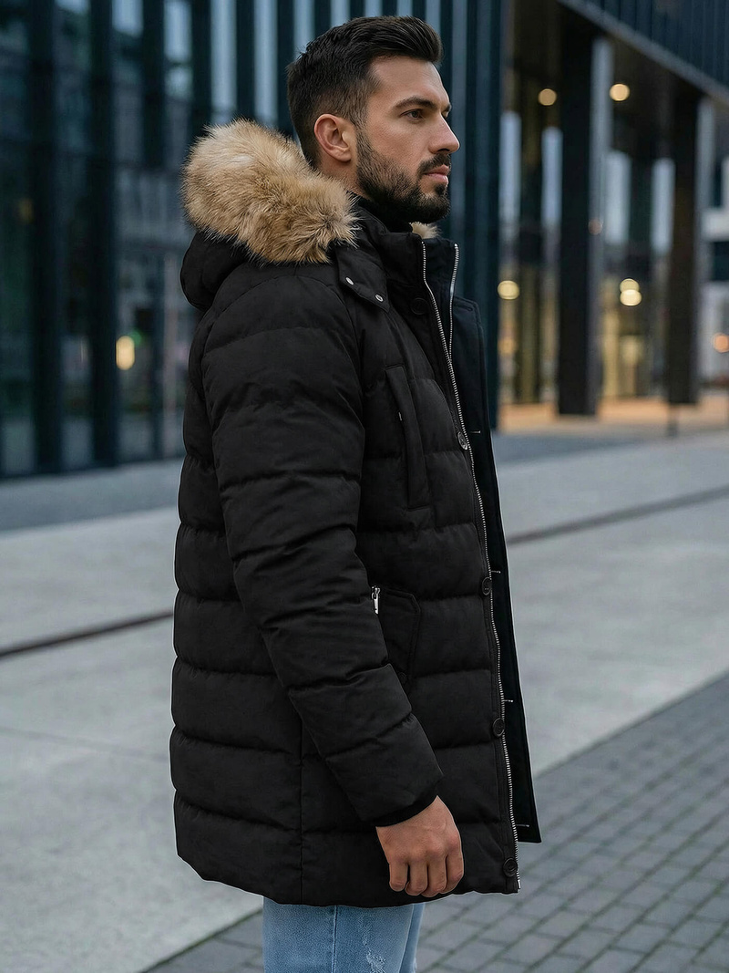 Kurtka zimowa męska pikowana z futerkiem czarna OZONEE JS/5M3122/392Z