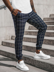 Spodnie męskie chino joggery w kratę granatowe OZONEE DJ/2288/22Z