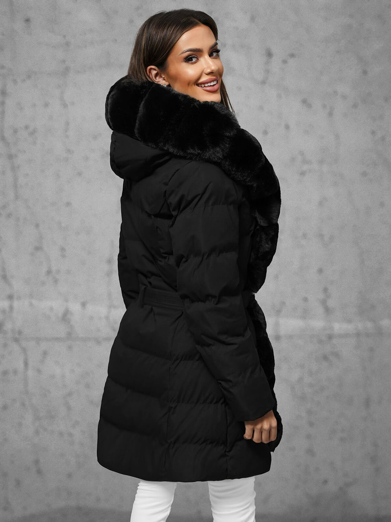 Kurtka zimowa damska długa z futerkiem czarna OZONEE JS/5M3158/392
