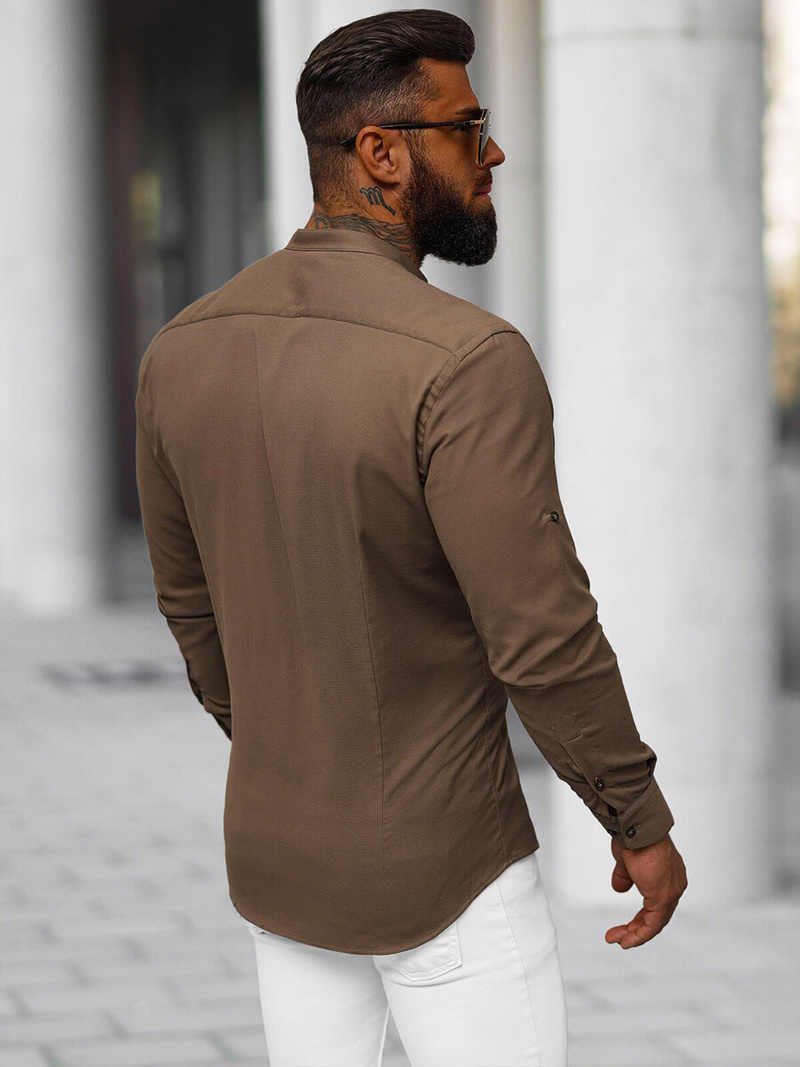 Koszula męska ze stójką brązowa OZONEE O/V115