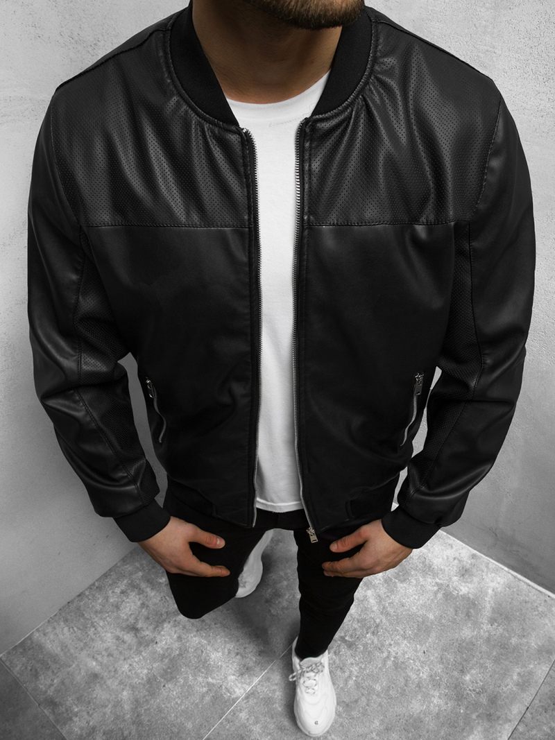 Kurtka przejściowa skórzana męska bomberka czarna OZONEE N/6705