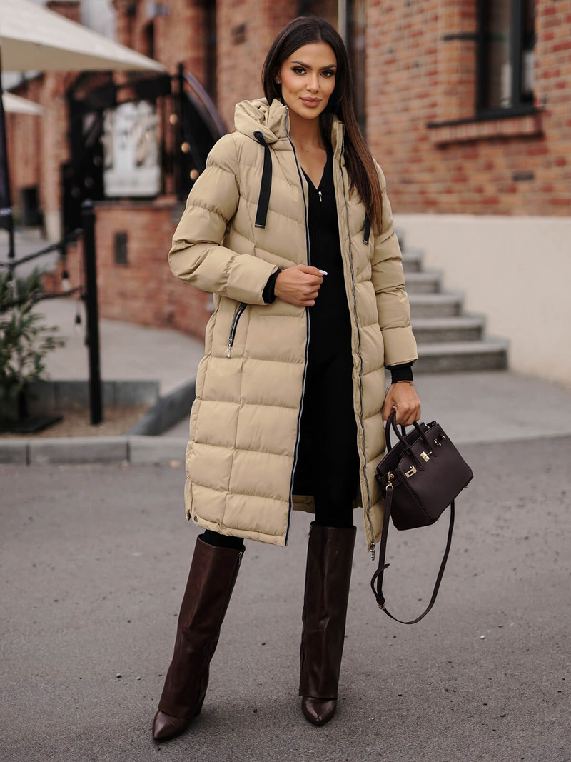 Kurtka zimowa damska długa pikowana beżowa OZONEE JS/M736/62Z