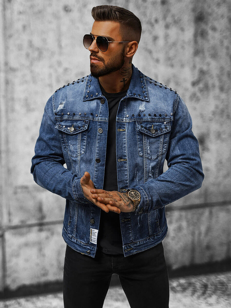 Kurtka męska jeansowa z nitami niebieska OZONEE NB/MJ504BZ