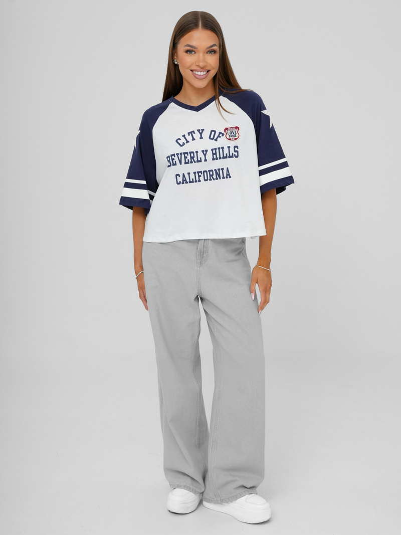 T-shirt damski oversize biało-granatowy OZONEE JS/R62493