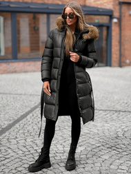 Kurtka zimowa damska długa z futerkiem czarna OZONEE JS/5M3298/392Z
