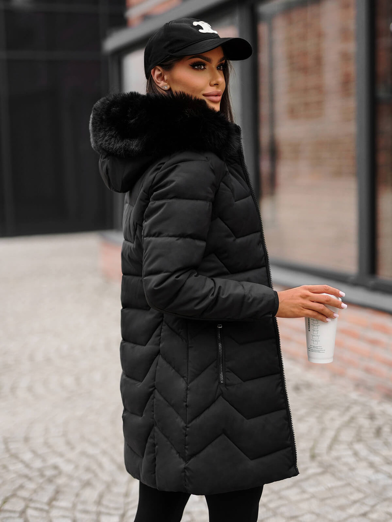 Kurtka zimowa damska długa z futerkiem czarna OZONEE JS/16M9121/392Z