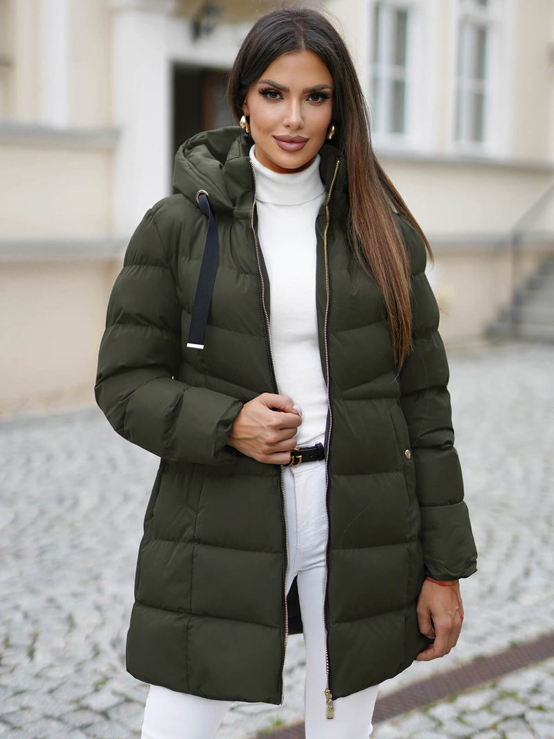 Kurtka zimowa damska długa pikowana ciemno-zielona OZONEE JS/5M3231/136Z