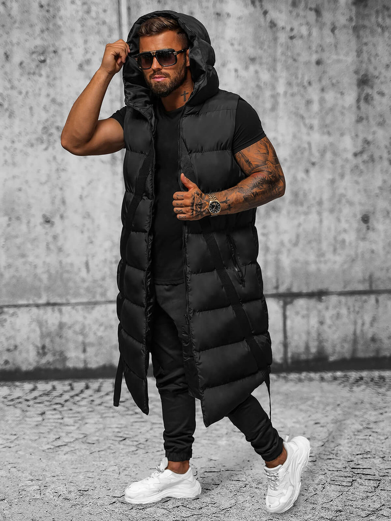 Kamizelka męska długa pikowana z kapturem czarna OZONEE O/M3201